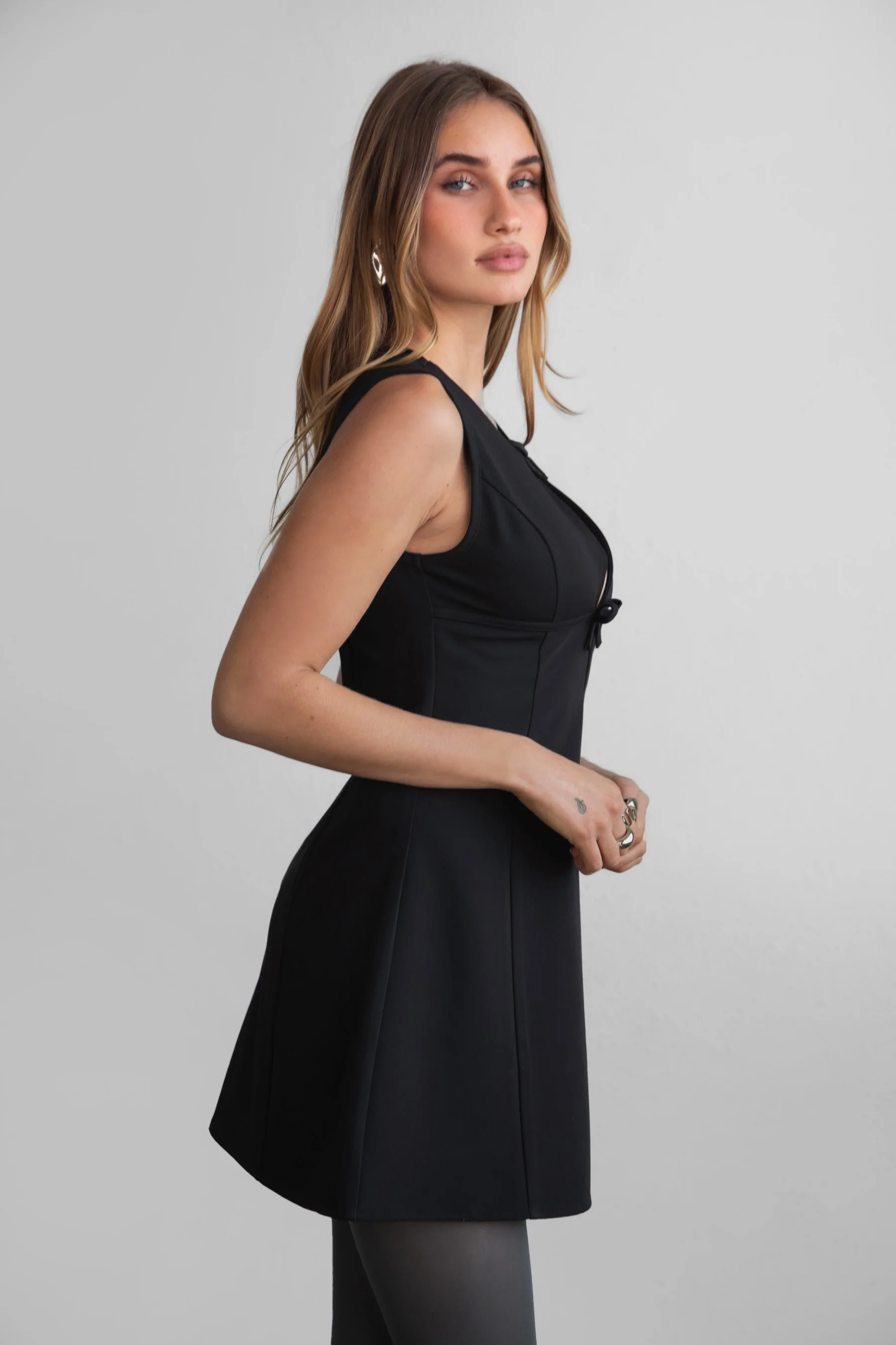 Brilyn Wool Dobby Bow Detail Mini Dress - Image 4