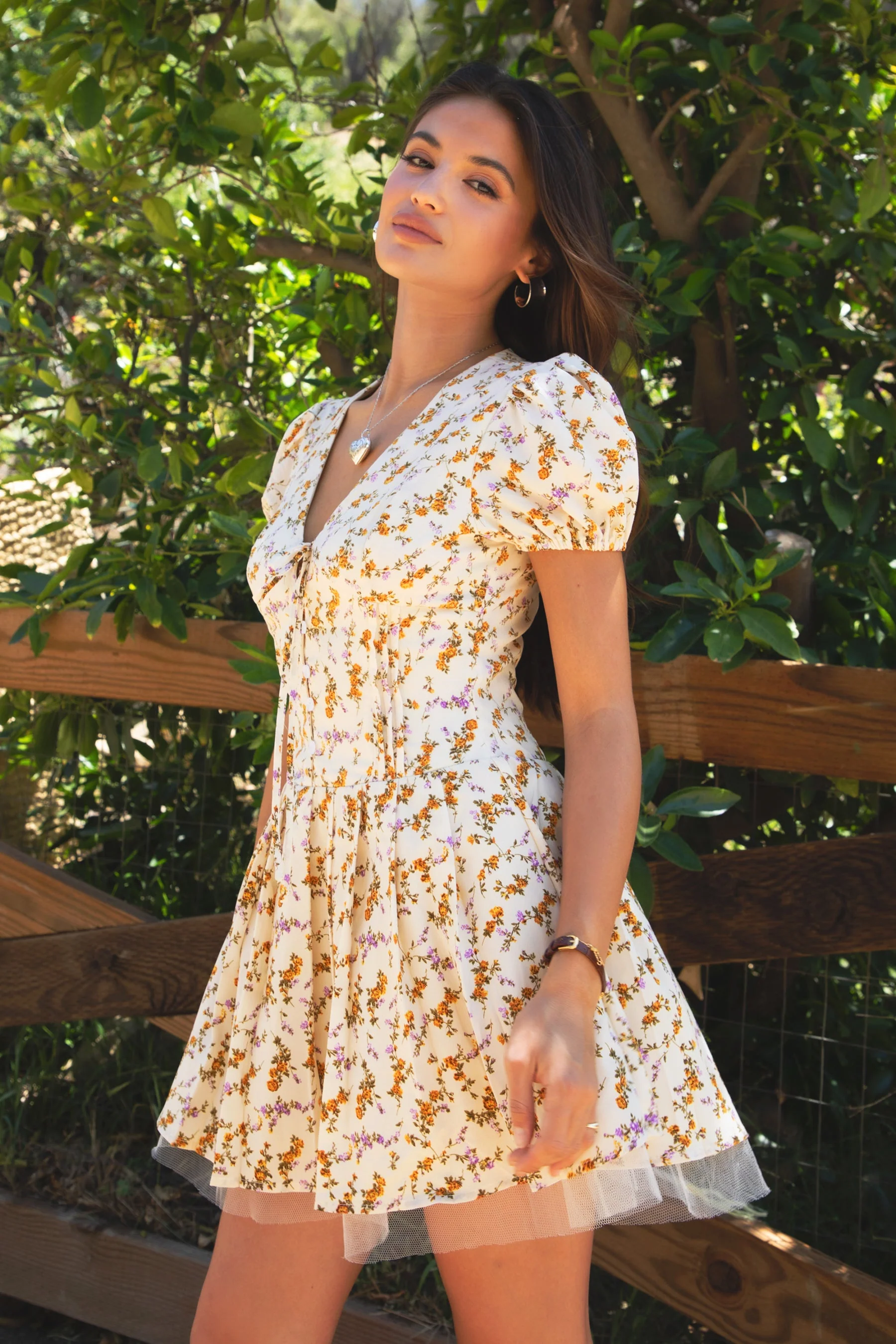 JESSICA Floral Print A Line Tulle Short-Sleeve Mini Dress - Image 2