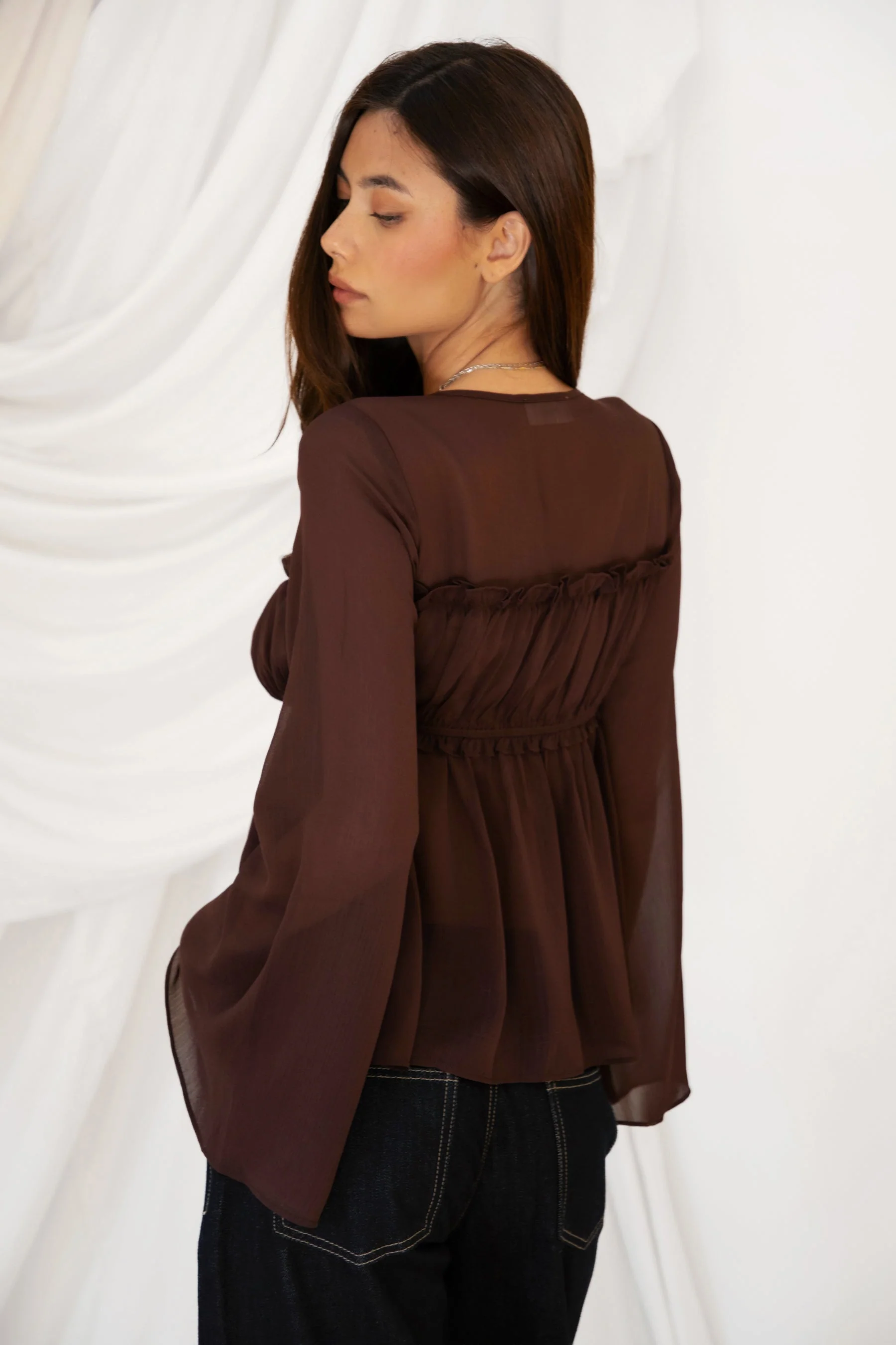 SOLENE Sheer Chiffon Front Tie Flare Long Sleeve Top - Image 13
