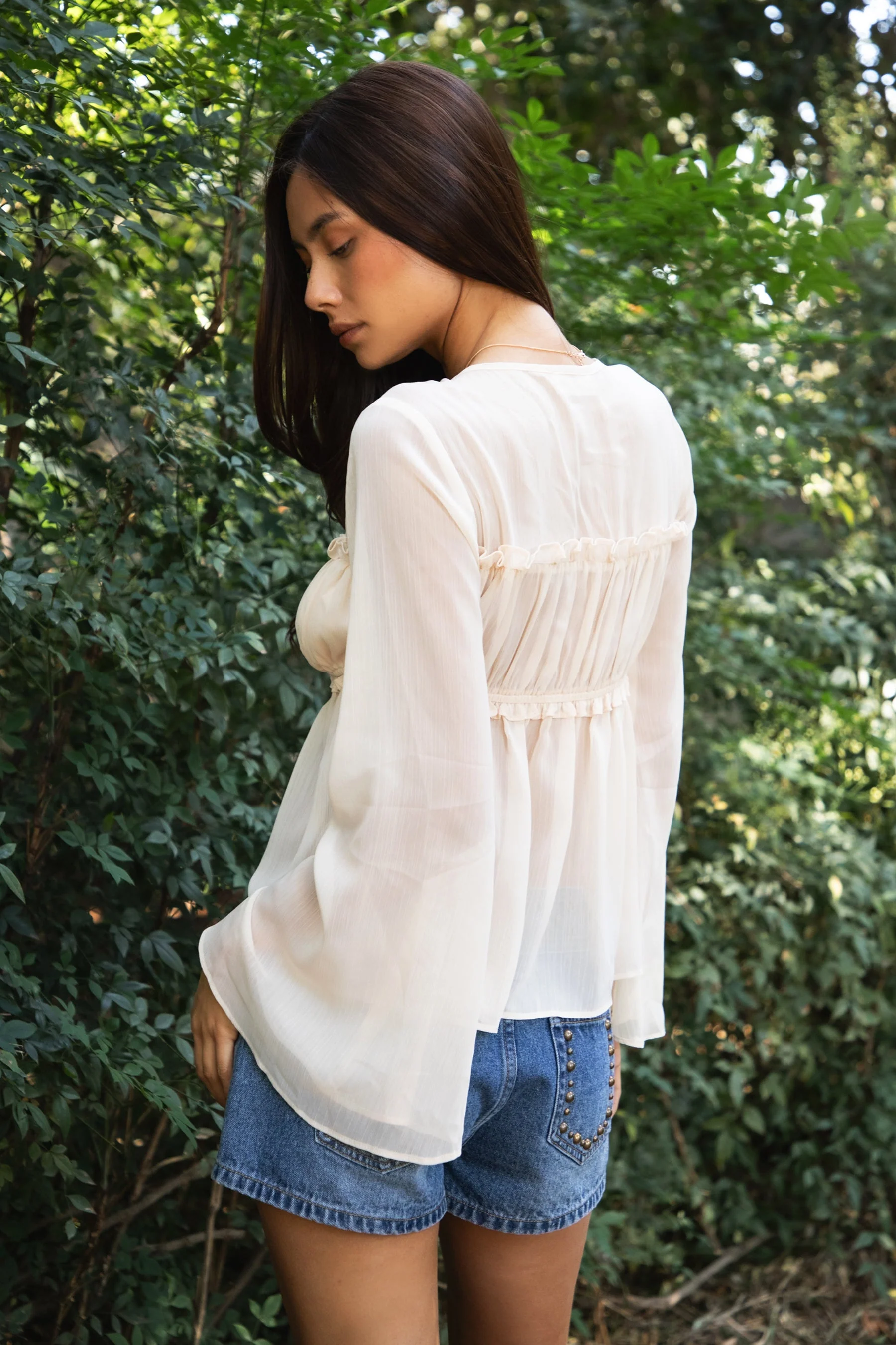 SOLENE Sheer Chiffon Front Tie Flare Long Sleeve Top - Image 3
