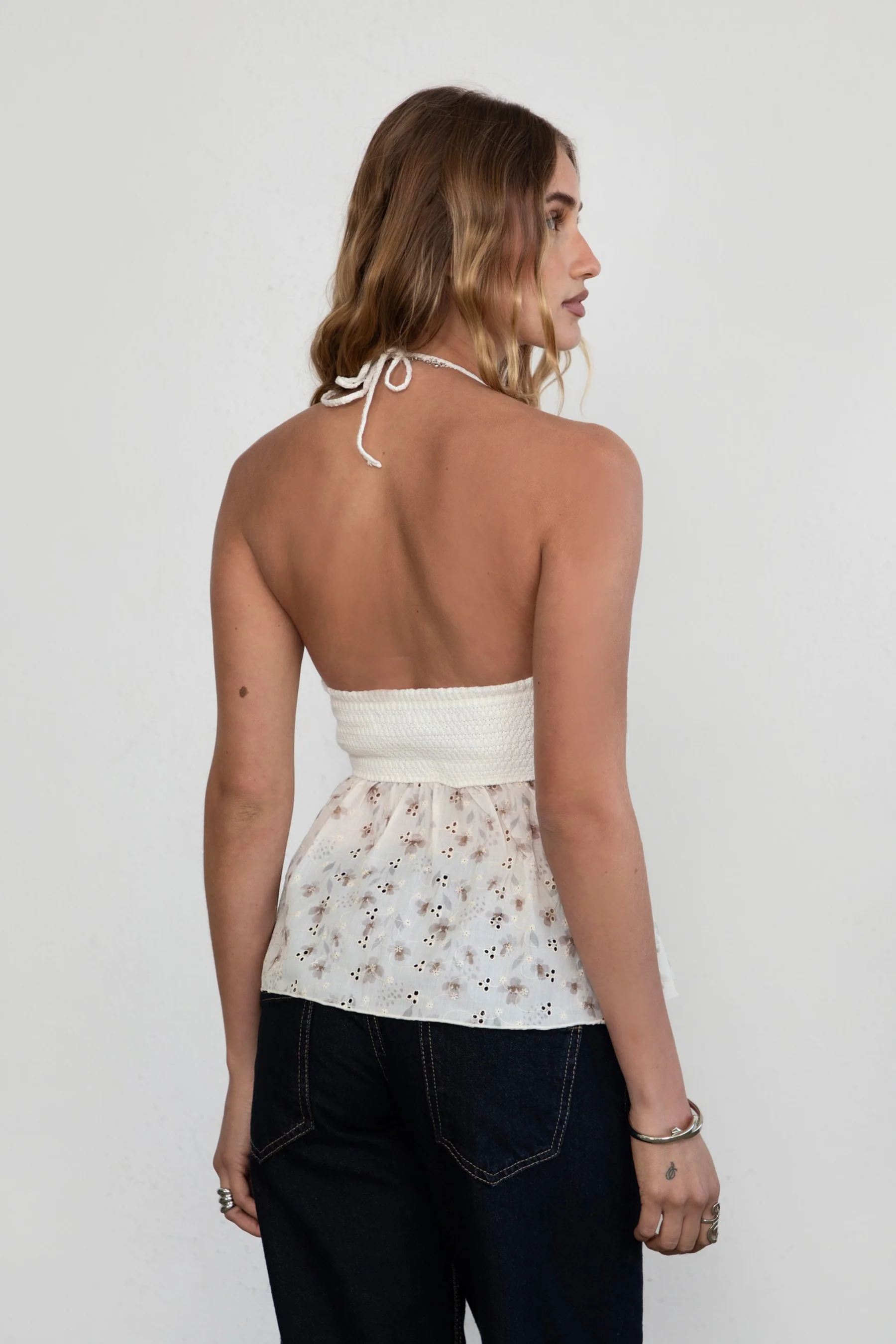 Gwyneth Knit Floral Textured Halter Baby Doll Top - Image 3