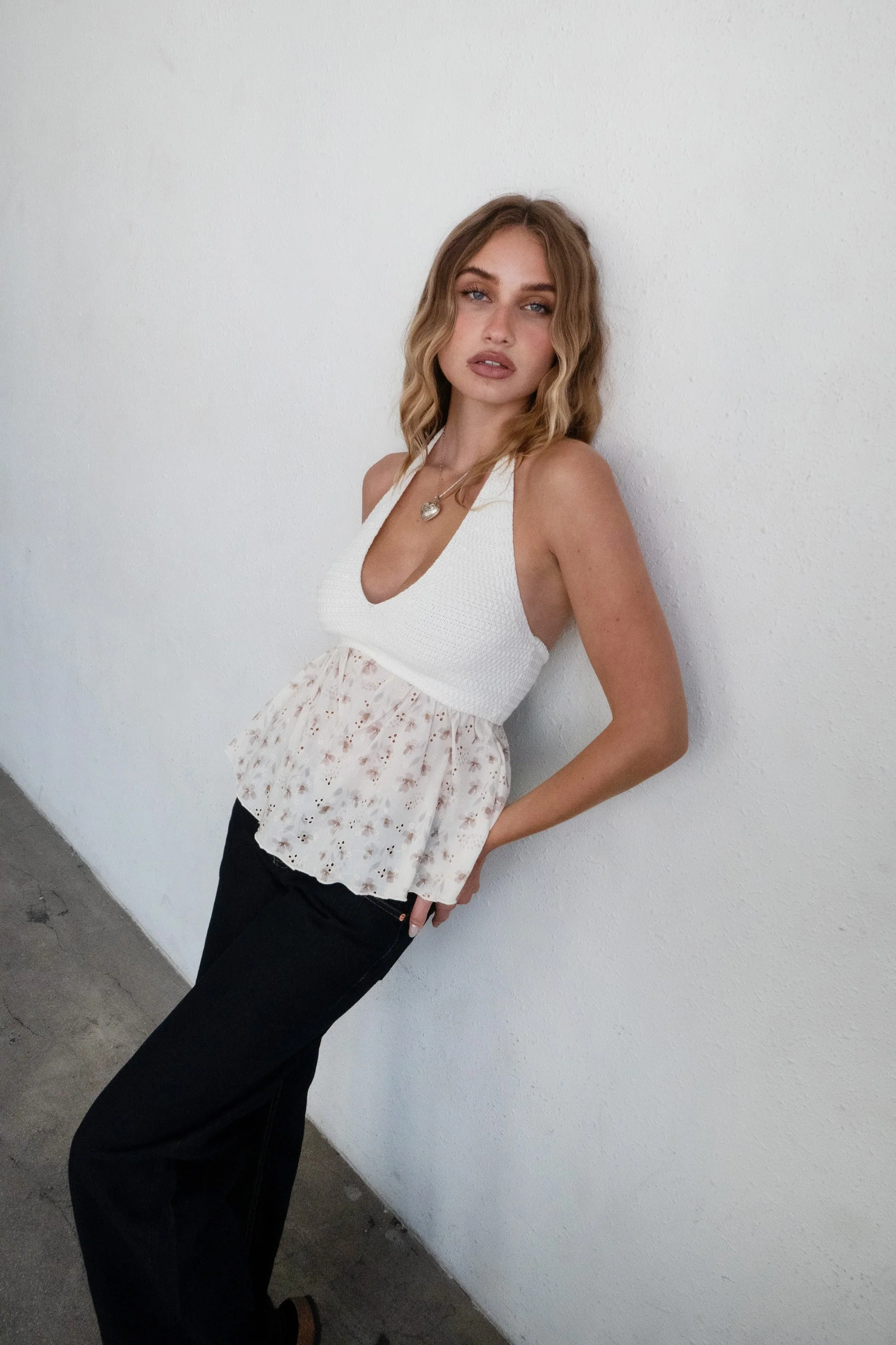 Gwyneth Knit Floral Textured Halter Baby Doll Top - Image 4