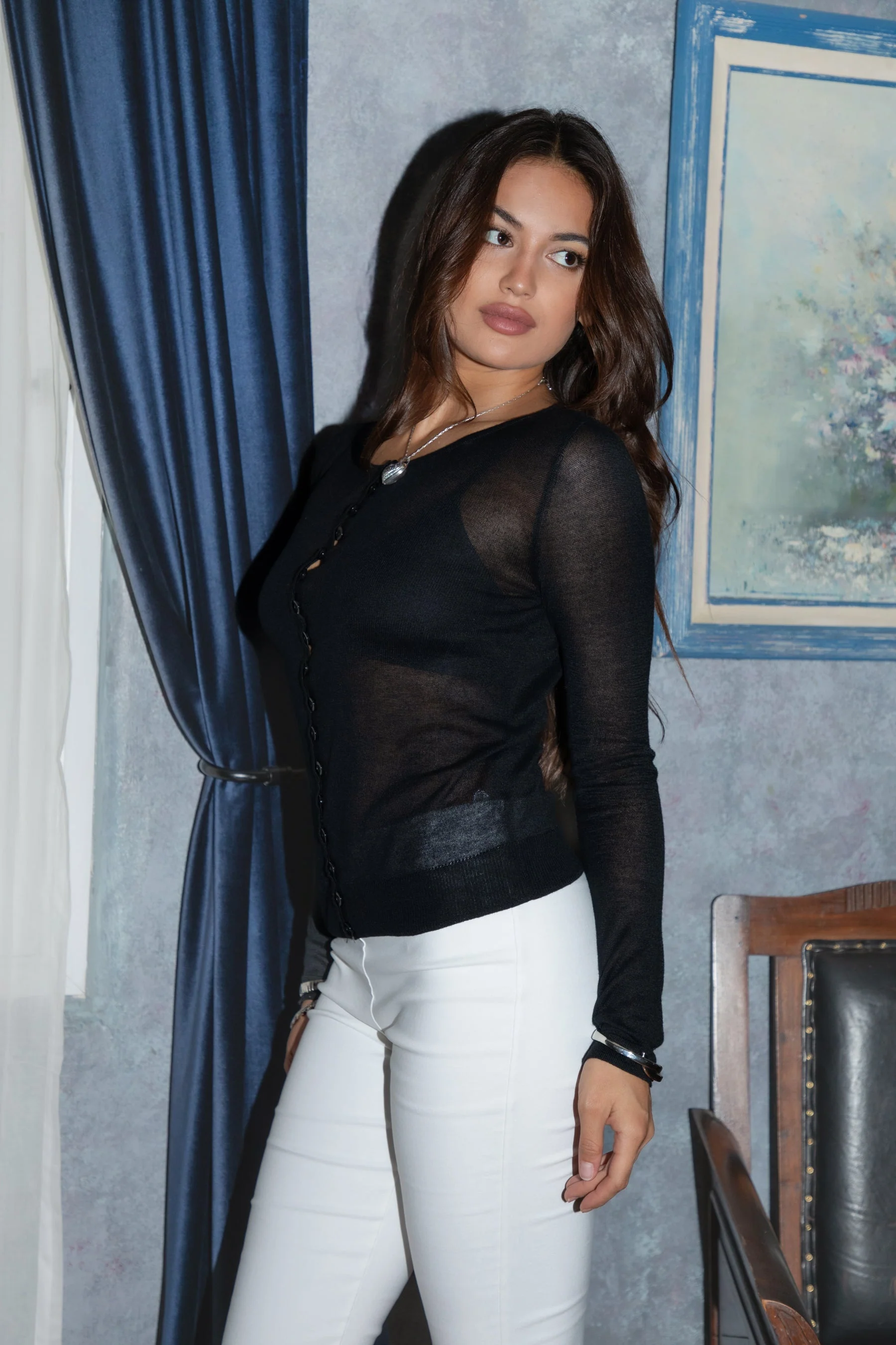 ELISSE Sheer Knit Button Down Long Sleeve Top - Image 4