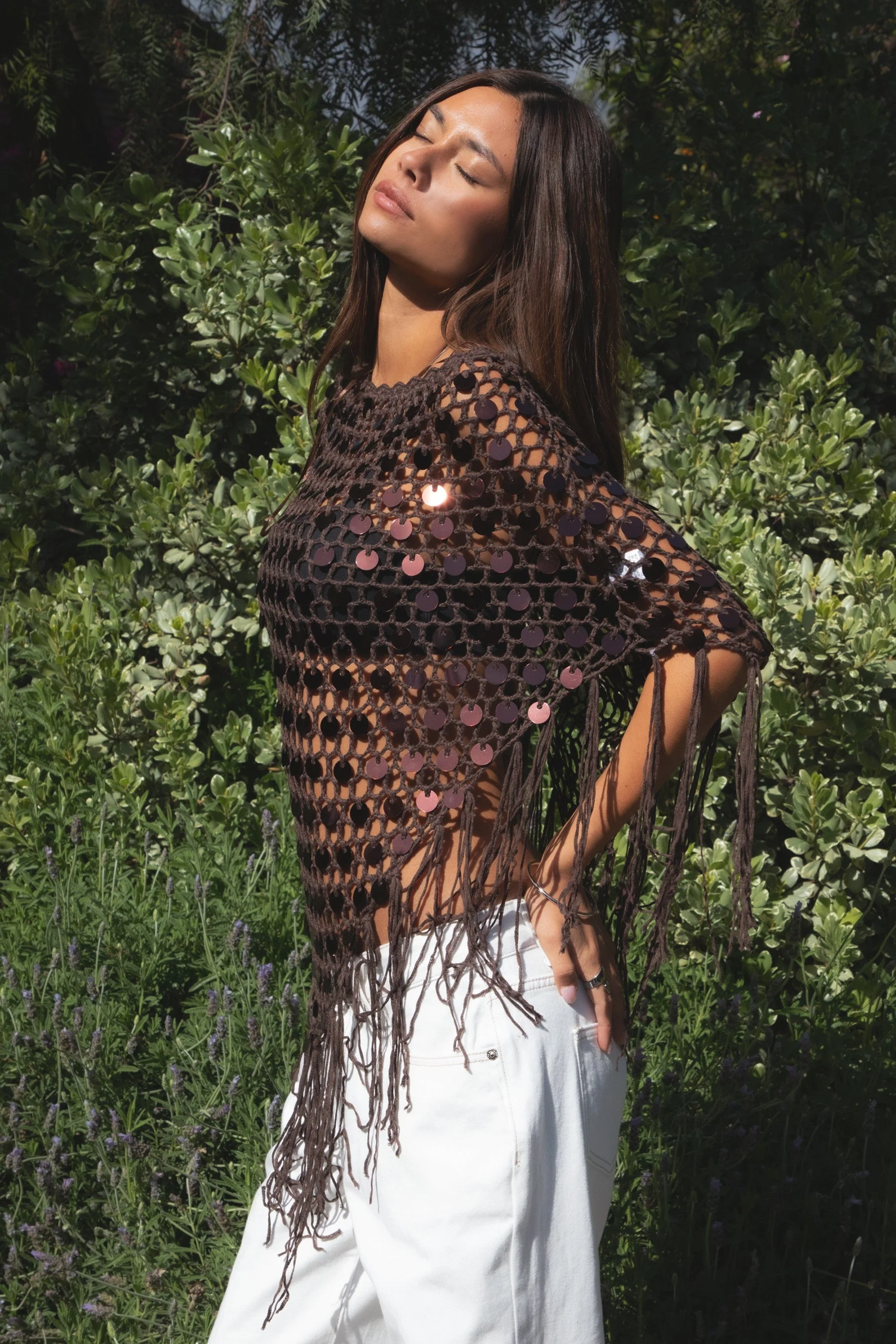LUNARA Sequin Fringe Knit Poncho - Image 4