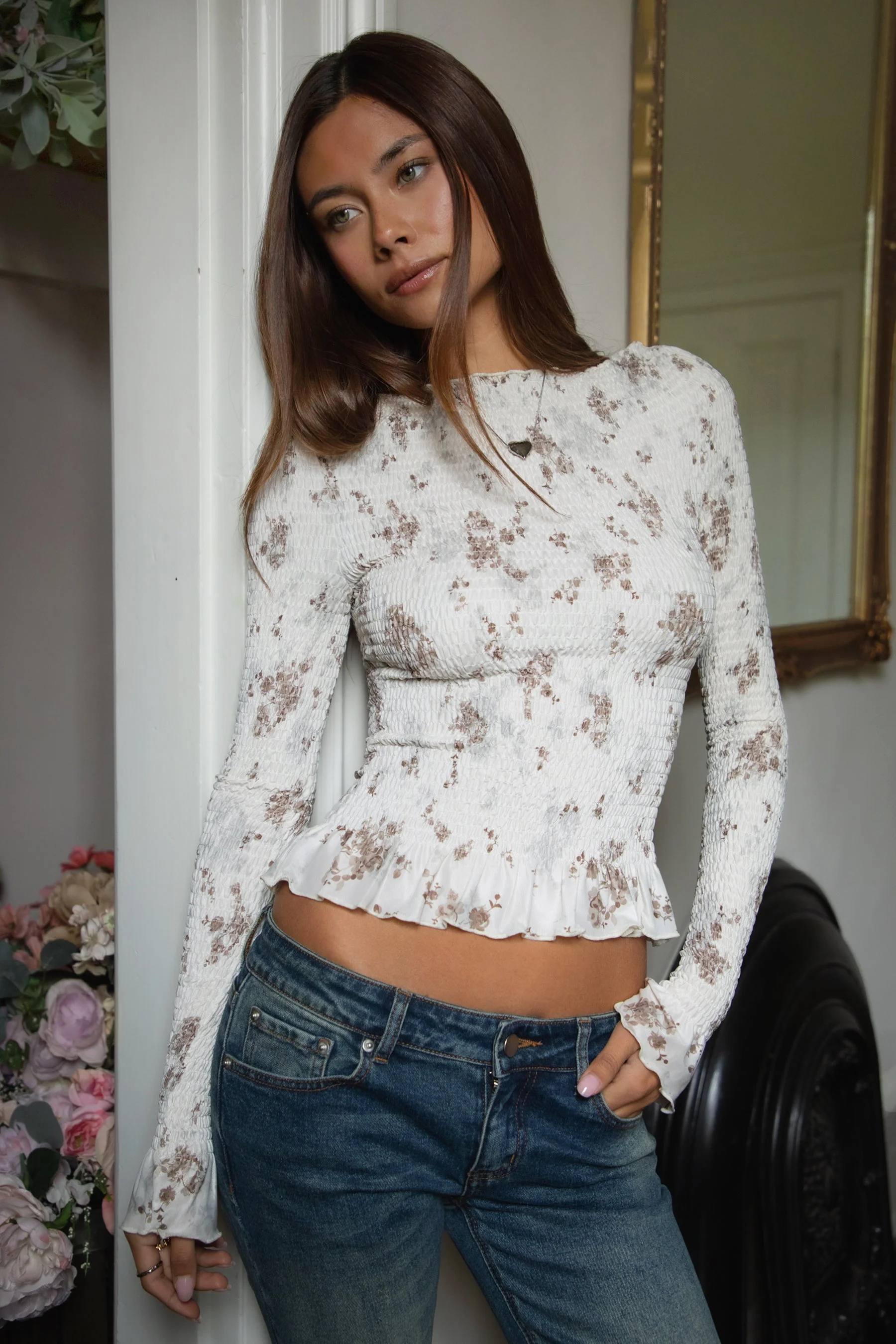 MAEVA Boat Neck Mesh Print Smocked Long Sleeve Top - Image 4