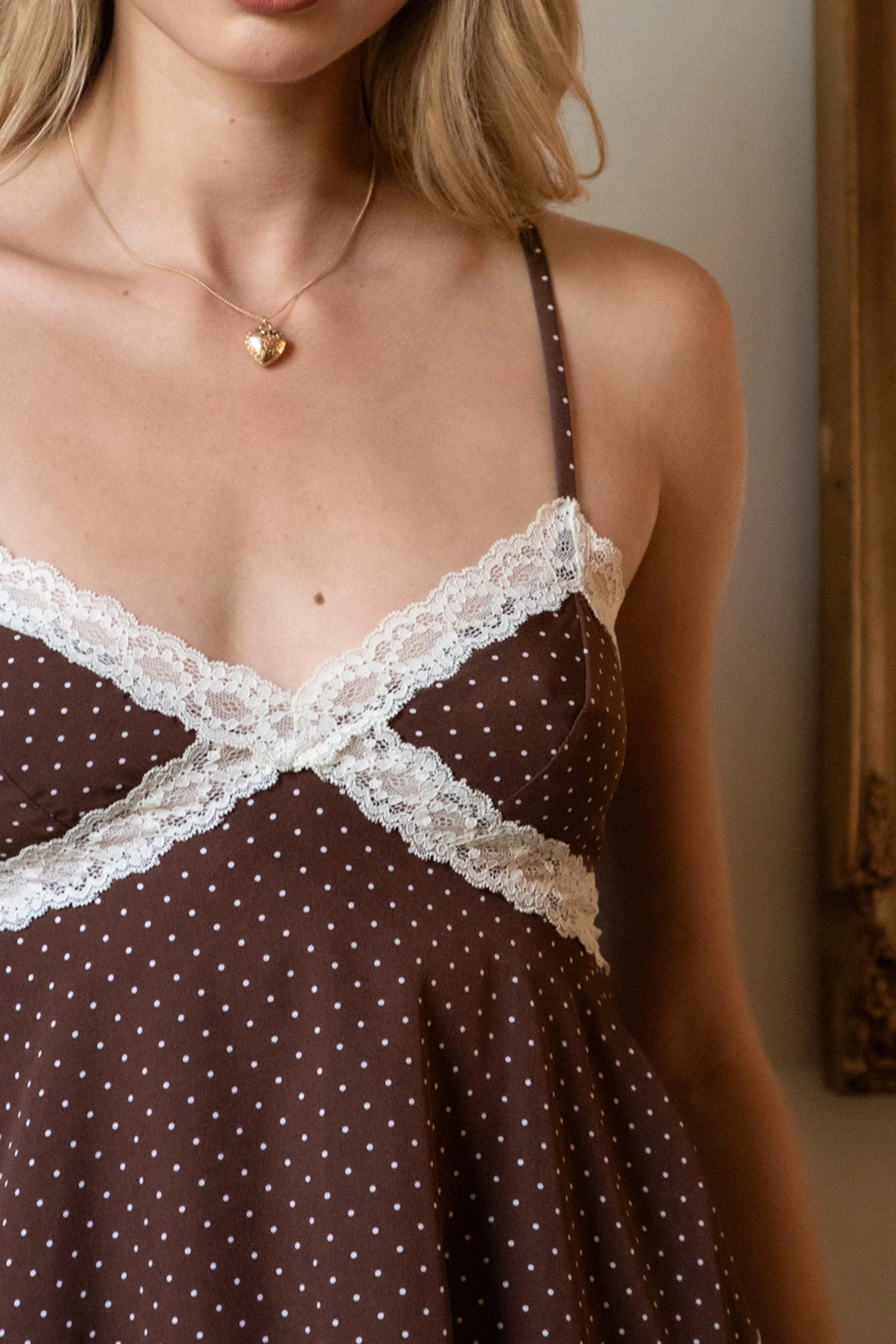 EMMARA Lace Contrast Polka Dot Babydoll Cami Top - Image 2