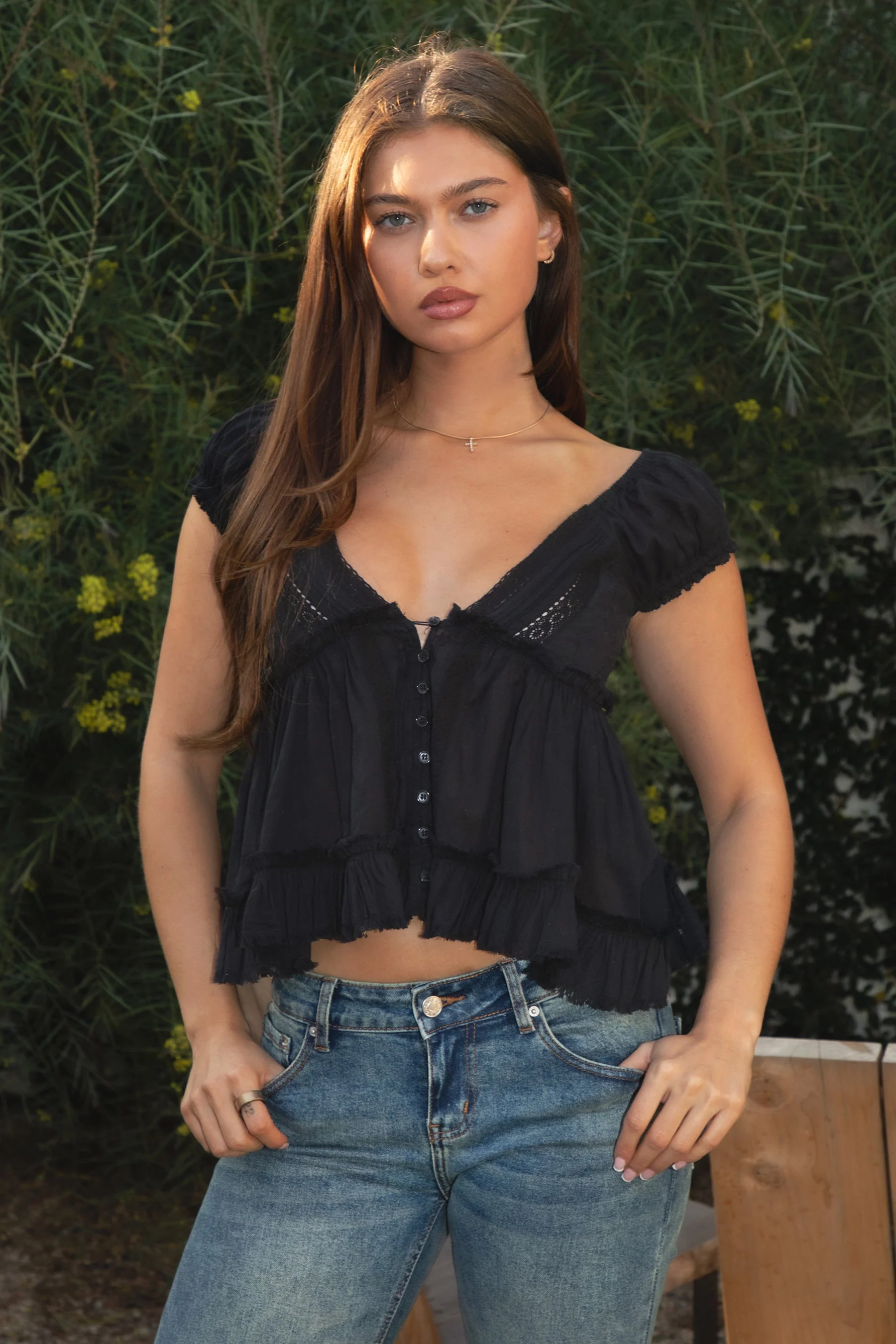 AVELINE V-Neck Boho Lace Trim Babydoll Top