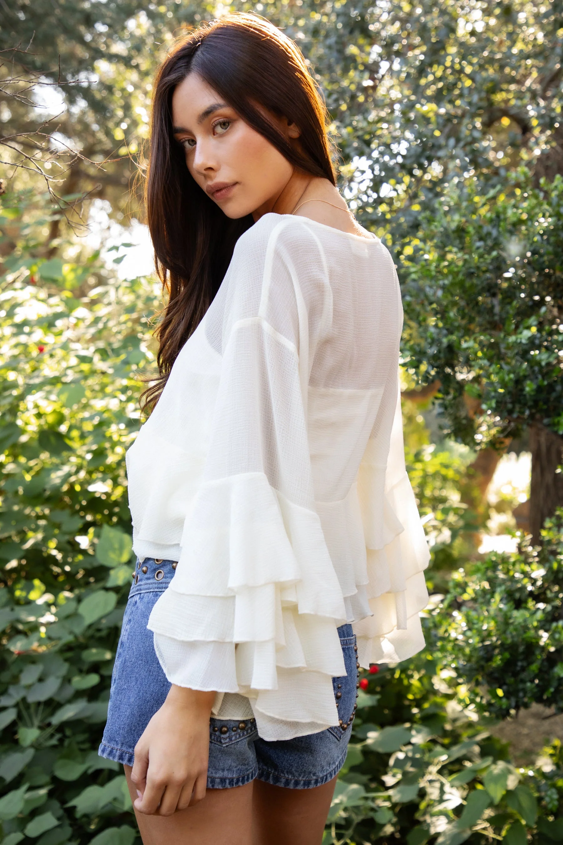 BRIEANNE V-Neck Sheer Chiffon Tiered Ruffle Blouse - Image 3
