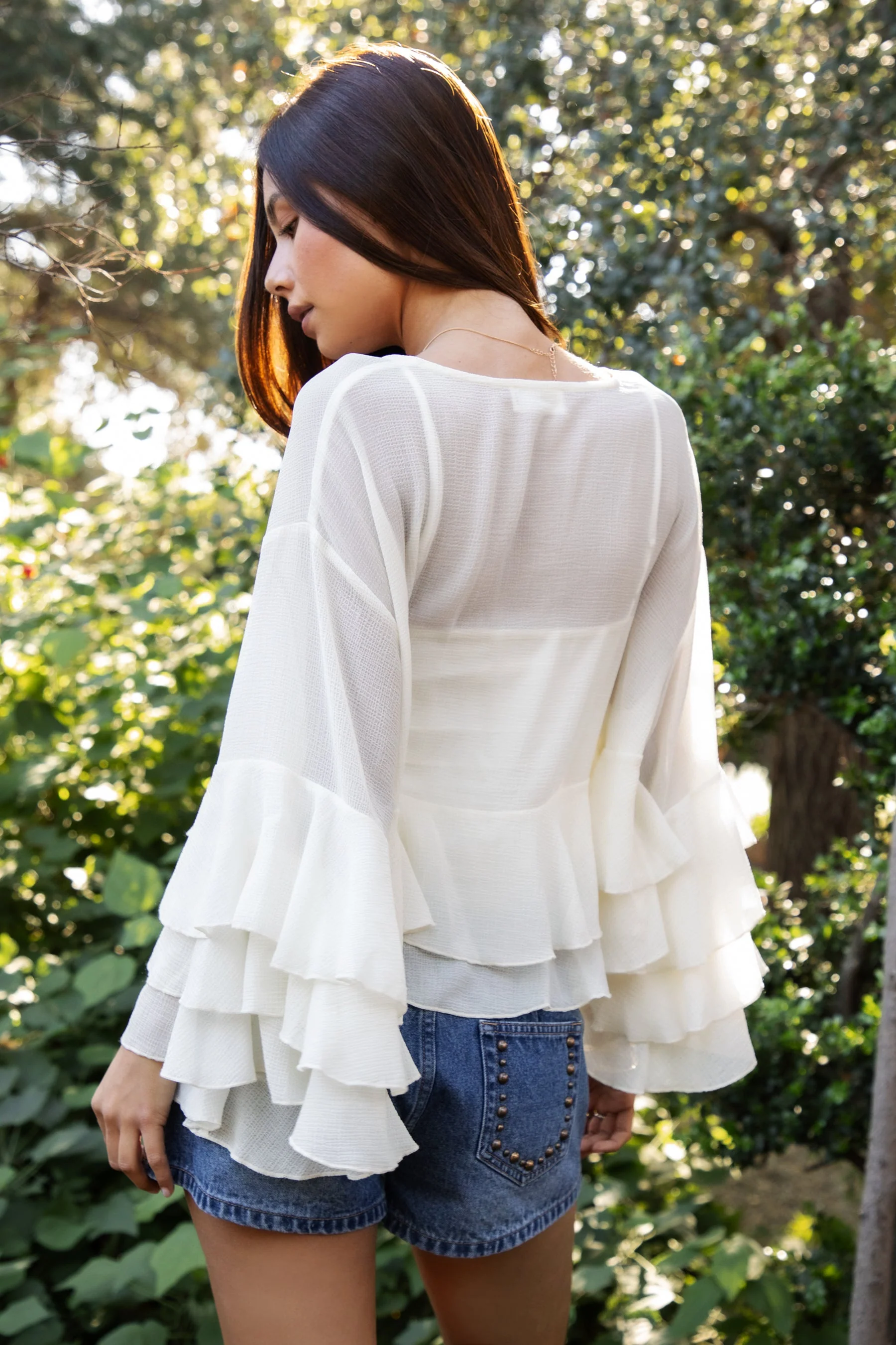 BRIEANNE V-Neck Sheer Chiffon Tiered Ruffle Blouse - Image 4