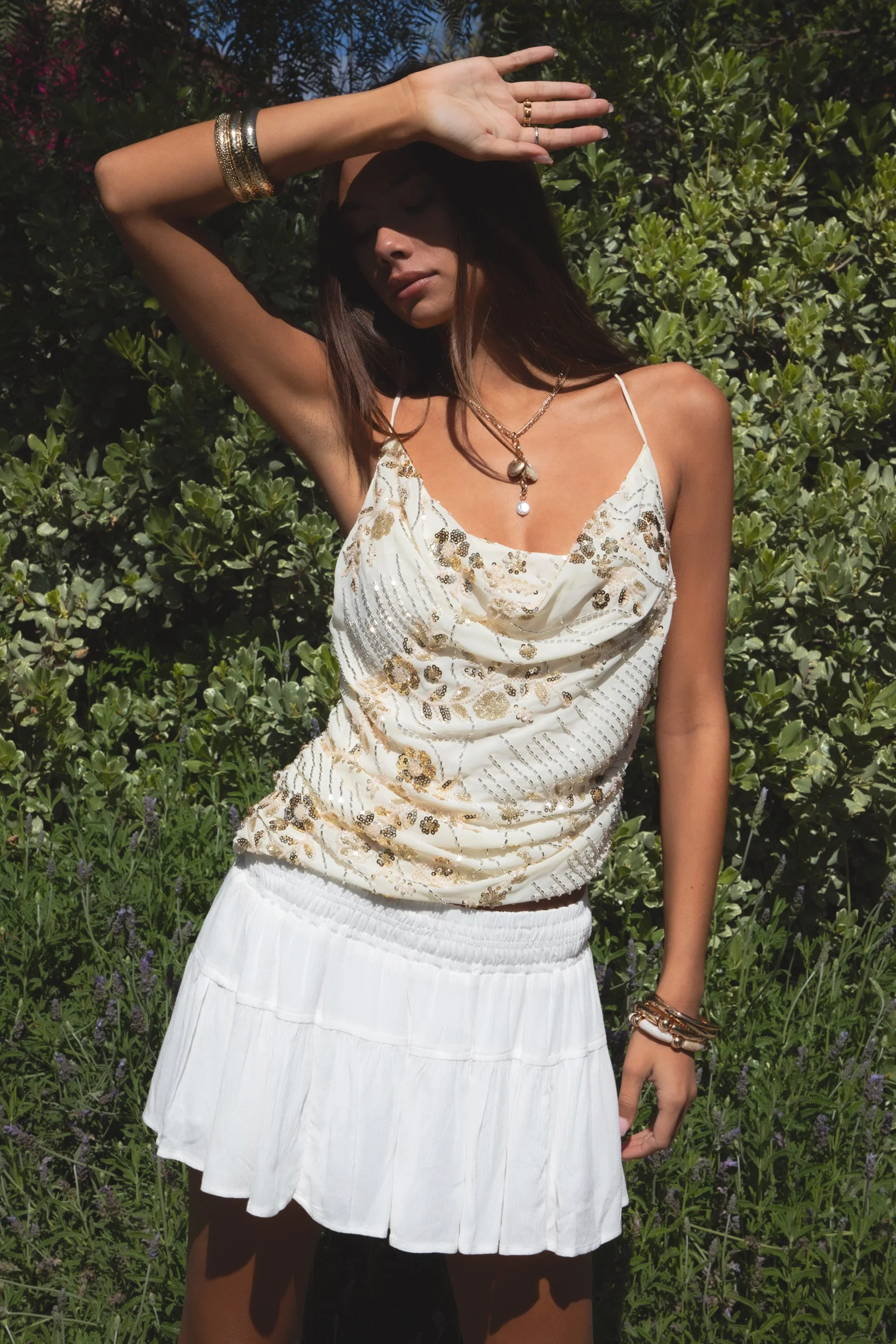 AURYA Chiffon Sequin Beaded Cowl Neck Top - Image 14