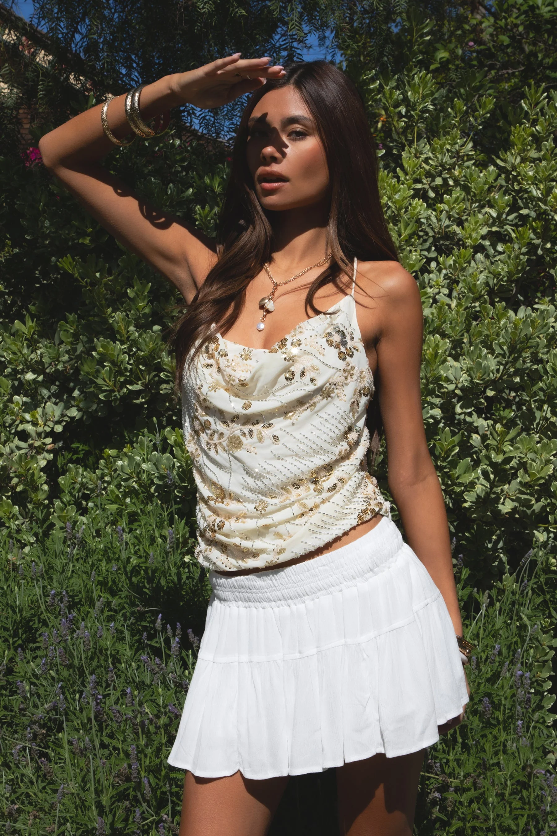 AURYA Chiffon Sequin Beaded Cowl Neck Top - Image 15