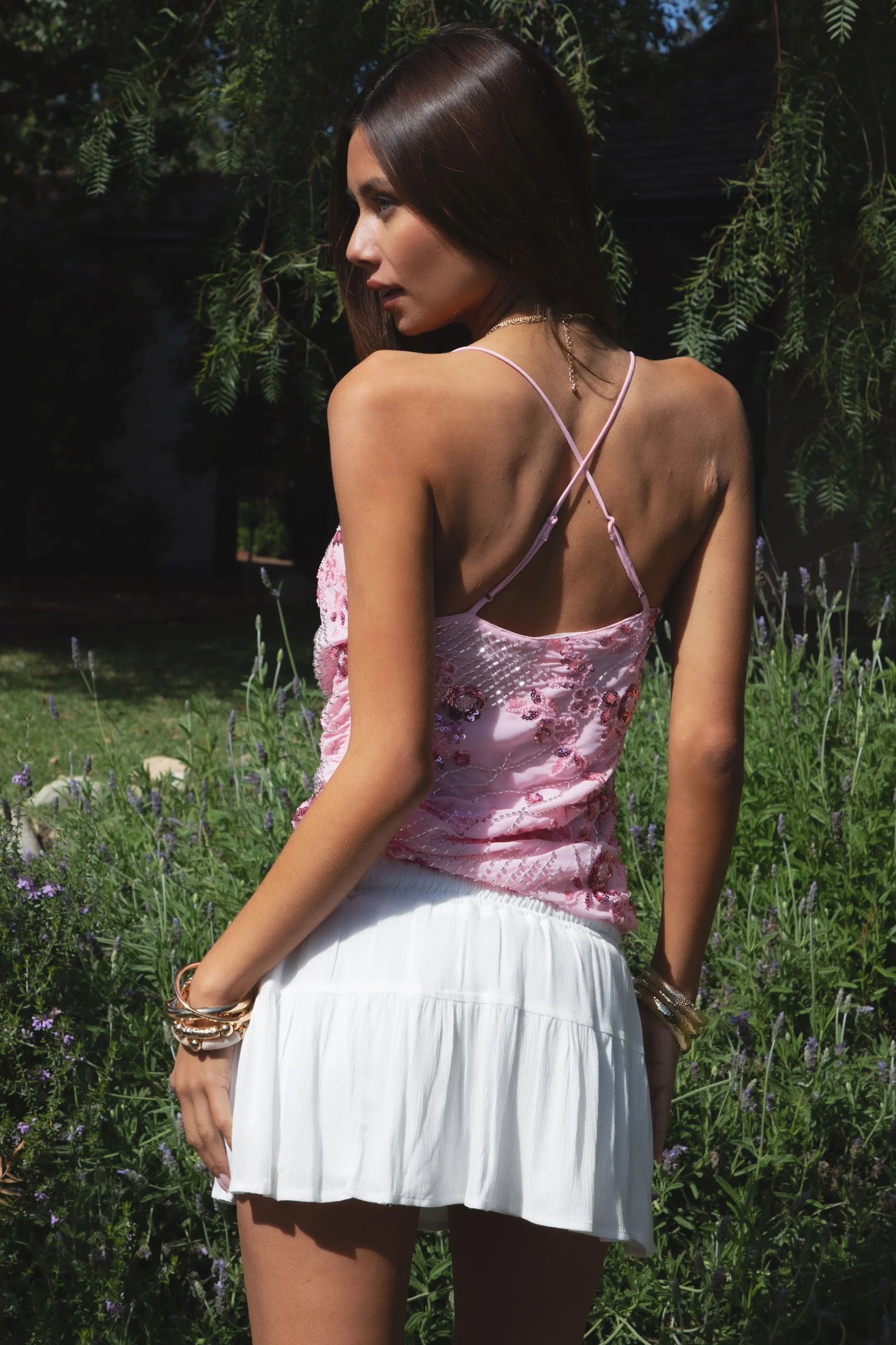 AURYA Chiffon Sequin Beaded Cowl Neck Top - Image 4