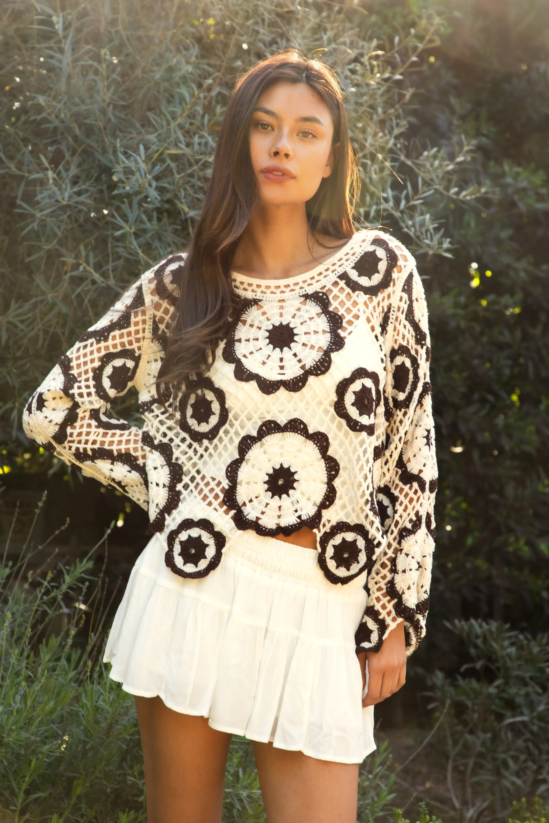 SOLANDRA Crochet Flower Pattern Cardigan Top